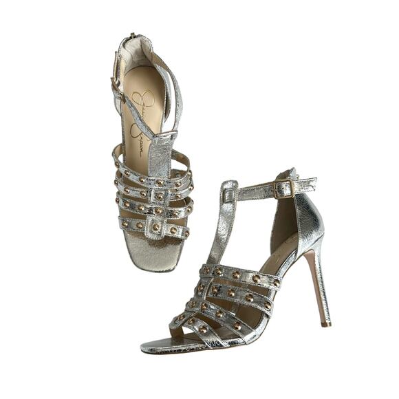 Jessica Simpson Womens Oprina Silver Metallic Studded High Heel Sandals Size 7.5 - Picture 1 of 9